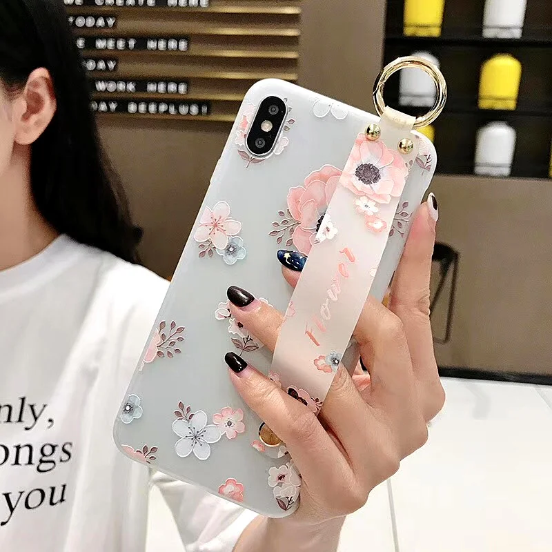 PINK LIPS Flower Case For iPhone X XR XS Max 3D Relief Floral For iPhone X 8 7 6 6S Plus 5 5s SE With Wristband Soft Phone cover  (6)