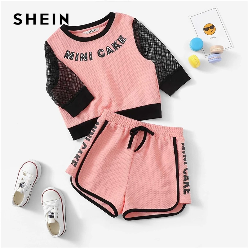 

SHEIN Kiddie Pink Letter Print Eyelet Mesh Sleeve Waffle Top And Shorts Girls Clothing Two Piece Set 2019 Active Wear Clothes