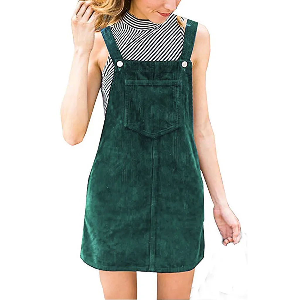 

Corduroy Straight Suspender Mini Bib Overall Pinafore Casual Pocket Dress Women Square Collar Girls Suspender Dress
