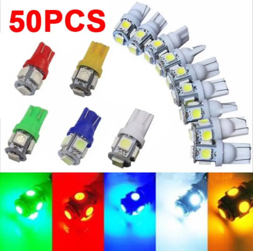 

50pcs/set 12V T10 194 168 5SMD 5050 LED Wedge Light Lamp Bulb 6 Color Kit Set