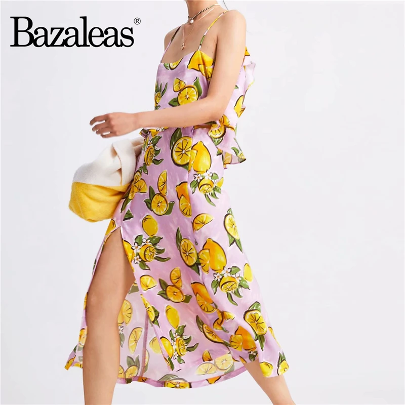 Женская блузка Bazaleas розовая с лимонным принтом винтажный короткий топ и юбка