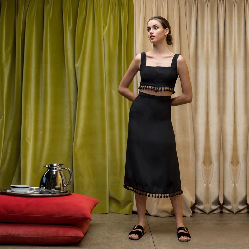 

Bandage High Quality Summer Women Two Pieces Set Black Fashion Spaghetti Strap Tassel Crop Top & Midi Skirt Vintage Skirt Outfit