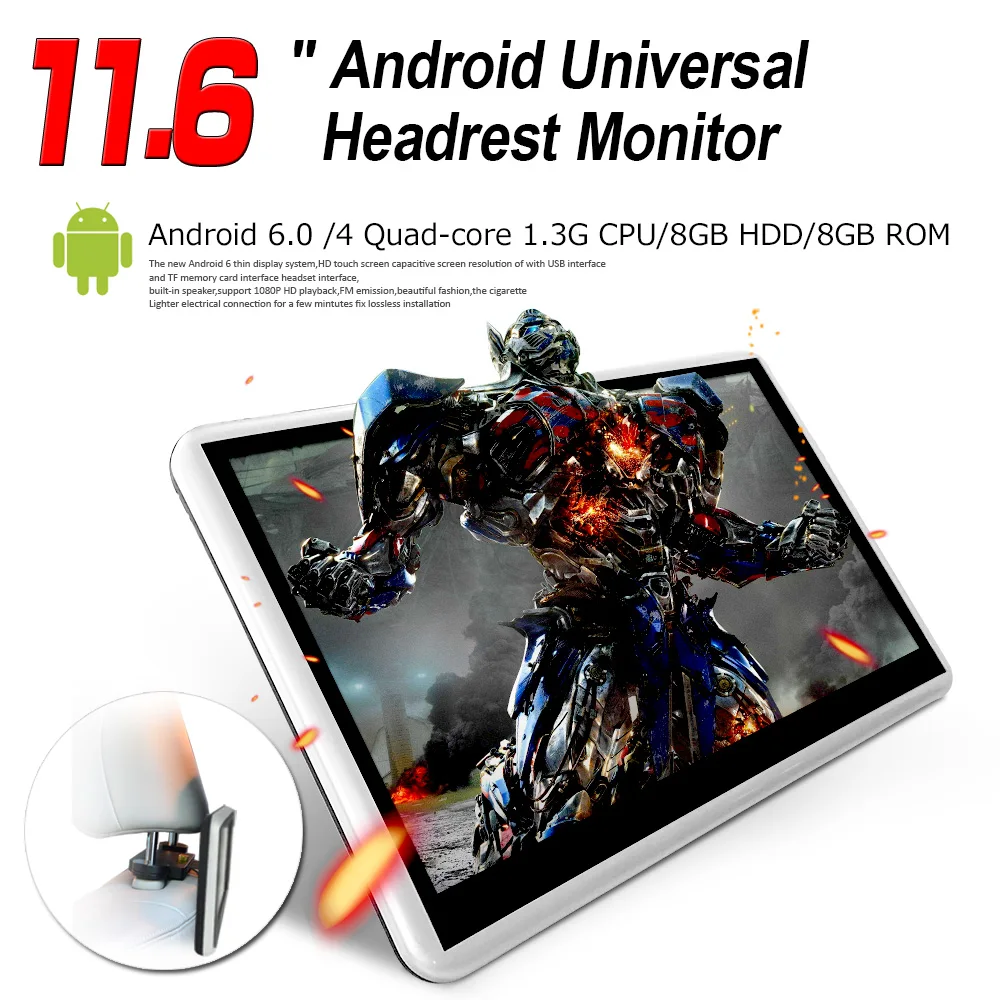 WOWAUTO 11.6&quot Android 6.0 Tablet Touch Screen Car Headrest Monitor HD 1080P Video With WIFI/HDMI/USB/SD/Bluetooth/FM Transmitter |