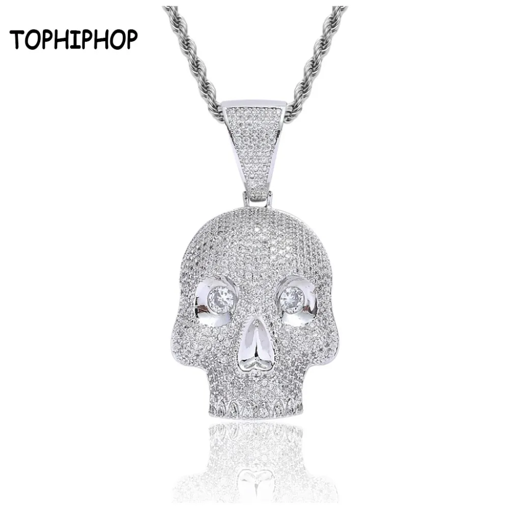 

Custom Hip Hop Jewelry Iced Out CZ Skull Head Pendant Micro Paved CZ Stone Charm Men's Silver Necklace Joyas Homme
