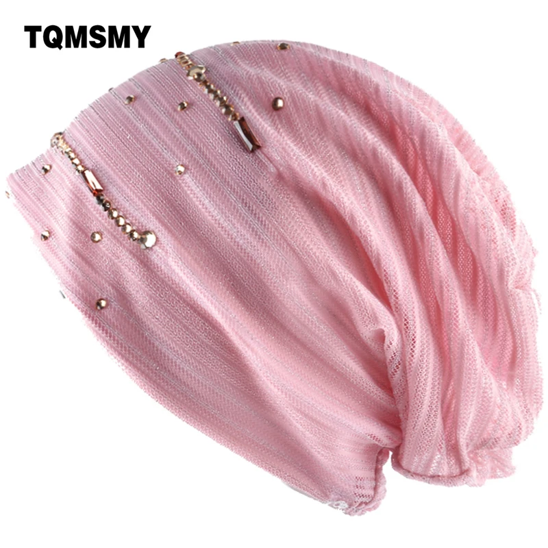 

TQMSMY 2019 fashion rhinestone beanie women lace breathable hats for woman double layer diamonds Cap female skullies hat TMS76