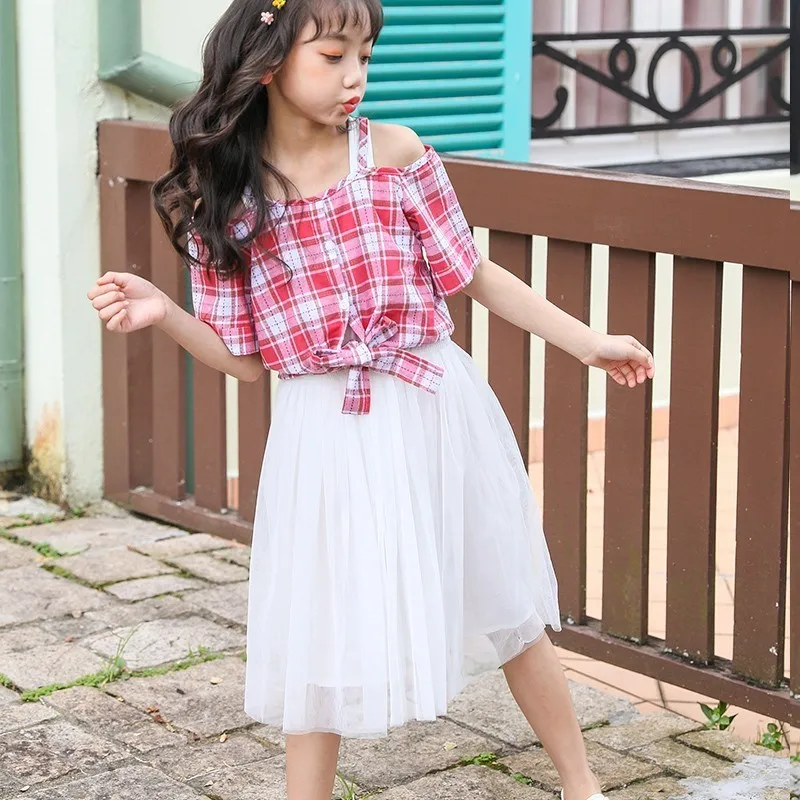 

Red Yellow Plaid Patchwork Dresses Girls Kid Off Shoulder Mesh Knee Length Party Summer Dress Clothes Children Princess Clothing
