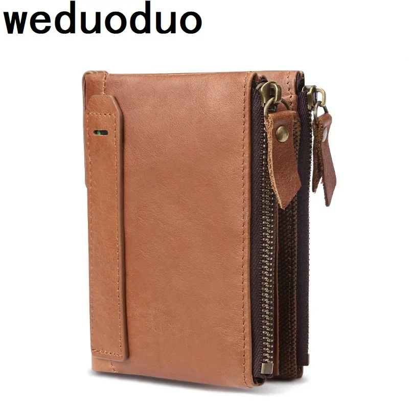 

Weduoduo Men Wallet 100% Genuine Leather Short Wallet Double Zipper Casual Wallet Purse Standard Holders Wallets