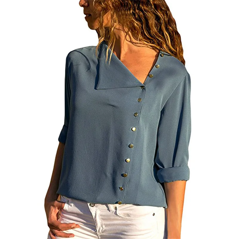 Весенняя мода Асимметричный диагональный воротник с длинными рукавами блузка рубашка сплошной цвет плюс большой размер шифоновая рубашка