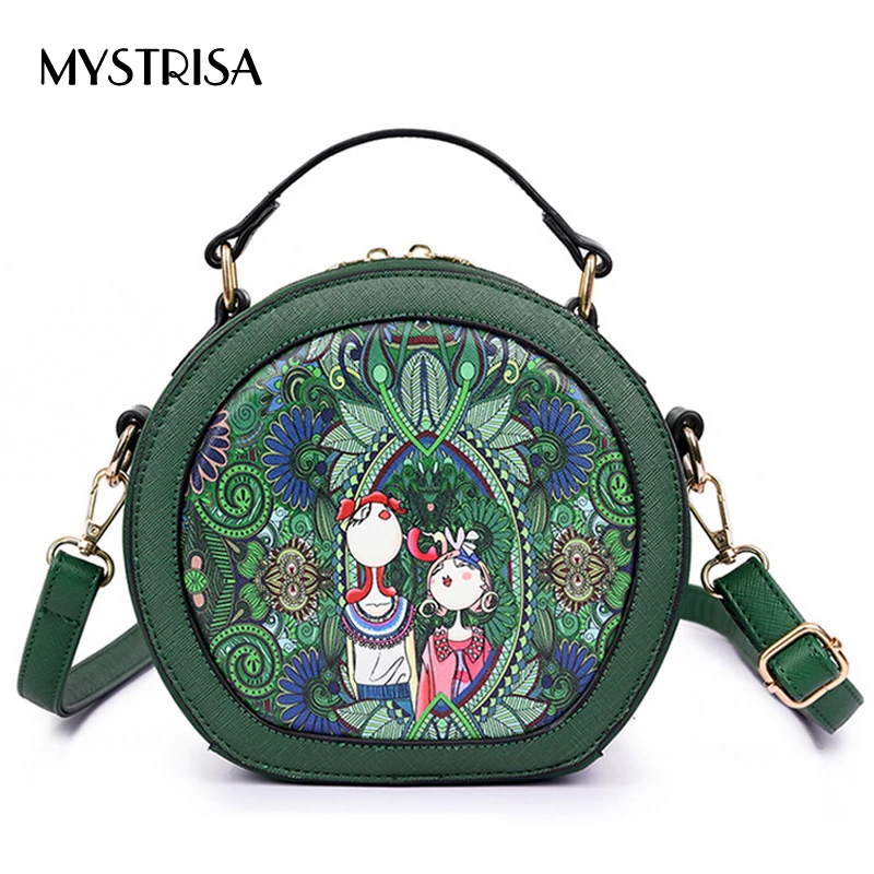 

M0205 2017 Fashion Women Saddle Bag fashion green Embroidery Cartoon Leather Shoulder Bag Round Handbag Back pack Crossbody Bag