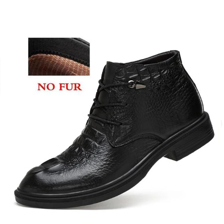 Модная мужская обувь; ботильоны размера плюс; очень теплые зимние ботинки из натуральной кожи; зимняя обувь ручной работы; большие размеры - Цвет: black no fur