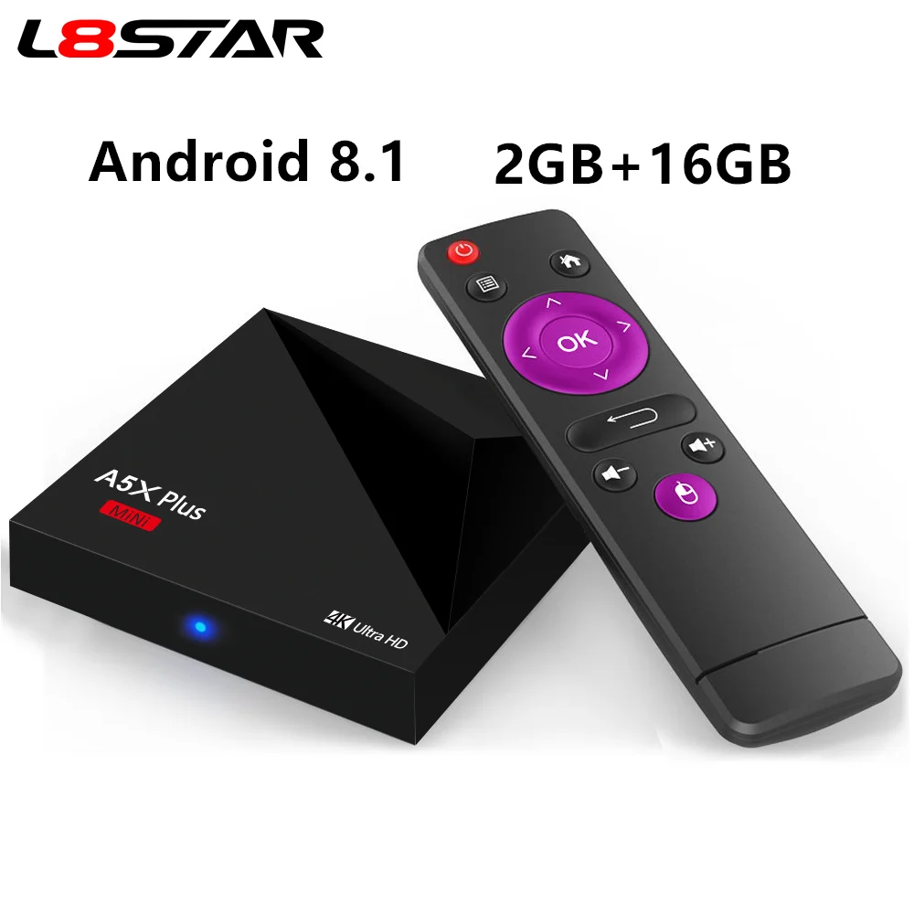 L8STAR A5X плюс Смарт ТВ BOX для Android 8,1 2 GB 16 GB RK3328 четырехъядерный процессор Rockchip A5X MAX 4 K HD мини Android Отт Set Top box IP ТВ коробка