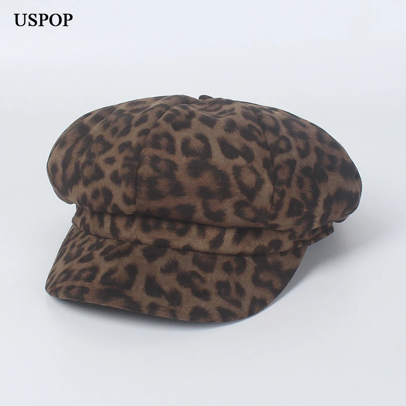 USPOP, модная женская восьмиугольная шляпа, ретро замшевый Леопардовый принт, восьмиугольная кепка, берет, шапка, женские зимние шапки, газетные кепки