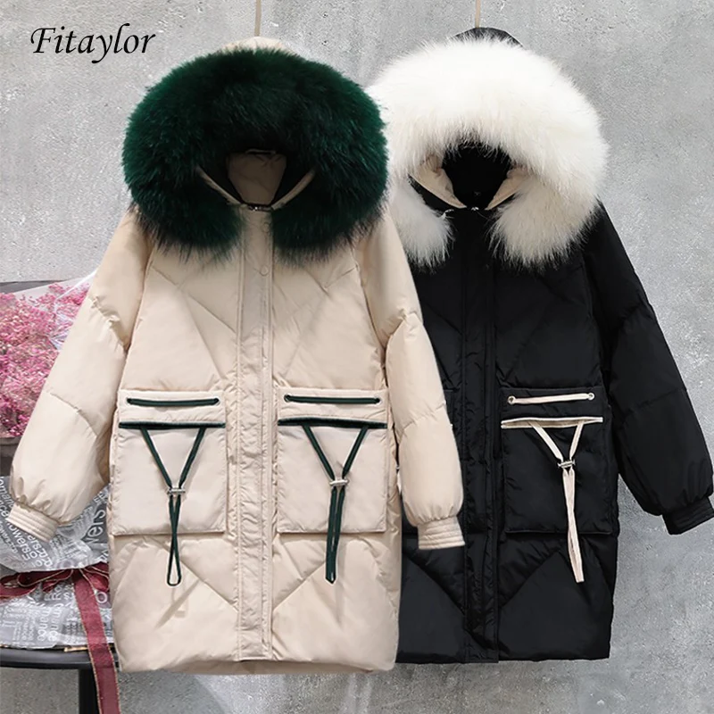 Fitaylor новинка зимние женские куртки с капюшоном белый утиный пух парки большой