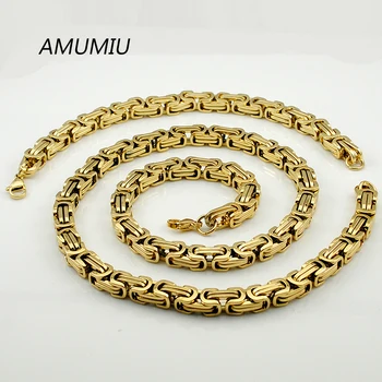 

AMUMIU gold color unique fashion flat byzantine necklace/bracelet (64cm+22cm) men's chian link jewelry set KTZ055