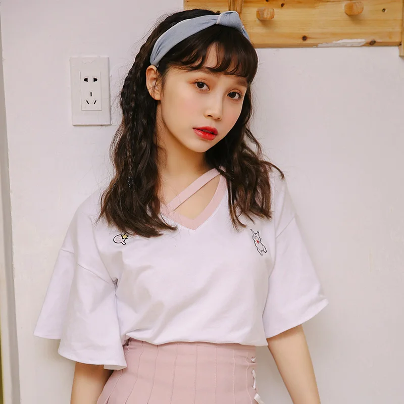 Женская летняя футболка в японском стиле панк Kawaii Ulzzang Корейская с вышивкой