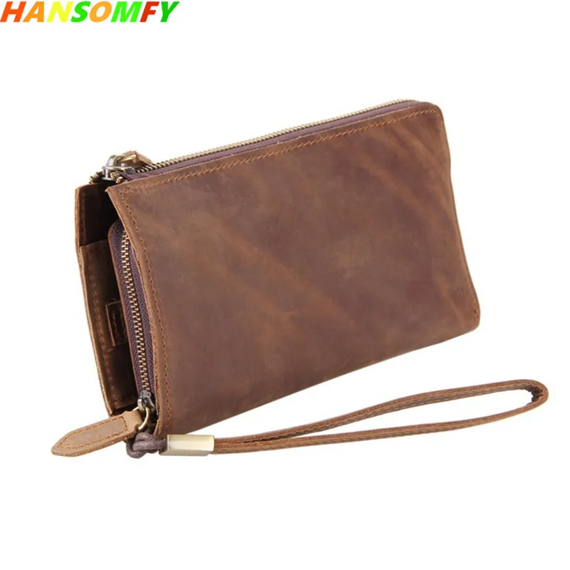 

Genuine Leather Men long Wallets business Retro Clutches Crazy Horse skin Leather Men Brown card holder package Coin Purses
