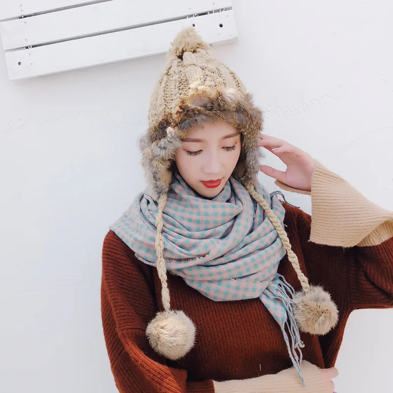 New Korean Fashion Autumn And Winter Rabbit Fur Ball Knit Hats Warm Earmuffs Outdoor Wild Double Thickening Women Hats HC06 (1)
