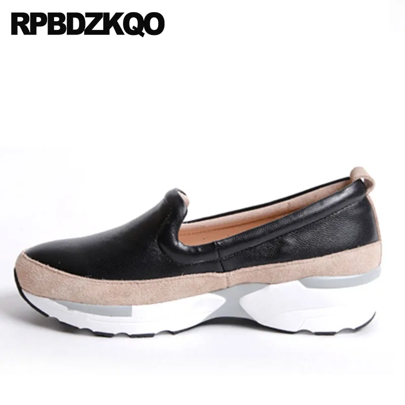 

Genuine Leather Medium Heels High Quality Korean Black Round Toe Casual Shoes Women Designer Creepers Wedge Brand Size 4 34 2018