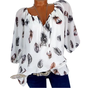 

M-4XL Plus Large Size Women's Blouses Summer Tops New Leisure Blouse White Loose Feather Print V Neck Half Sleeve Shirts Women