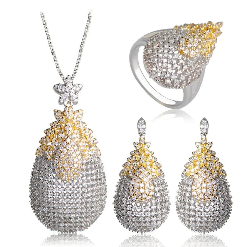 

Blucome Copper White Cubic Zircon Jewelry Sets Gold Silver Two Tone Exquisite Wedding Bridal Jewelry Pendant Necklace Brincos