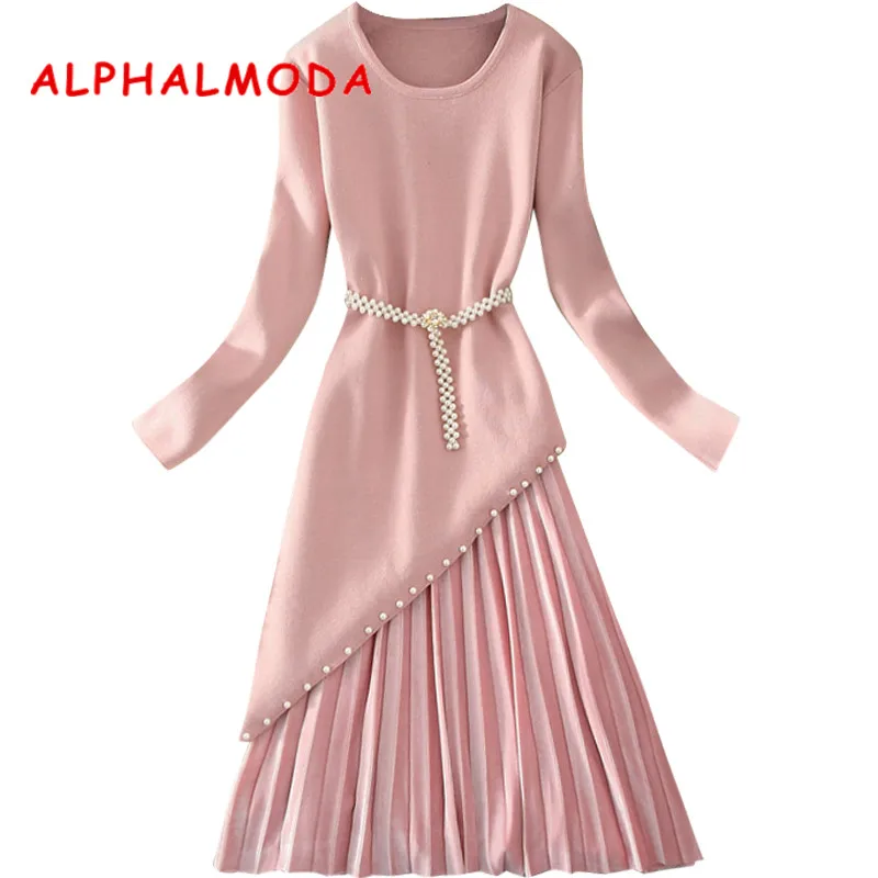 

ALPHALMODA Oblique Stylish Long Sweater + Pleated Velvet Skirt Women Fashion 2pcs Skirt Sets Pearl Belt Sweet Princess Dress Set