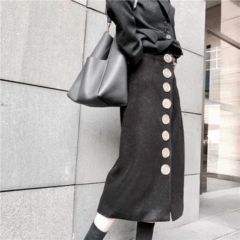 

Skirts Womens Time-limited Wool Solid A-line Maxi Skirt 2018 New Women's Skirt Simple High Waist Big Button Split Fork Winter