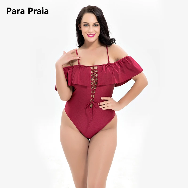 

Off Shoulder One Piece Swimsuit Ruffler Plus Size Beach Bathing Suit Bandage Push Up Swimwear Women Solid Flounced Swimsuit