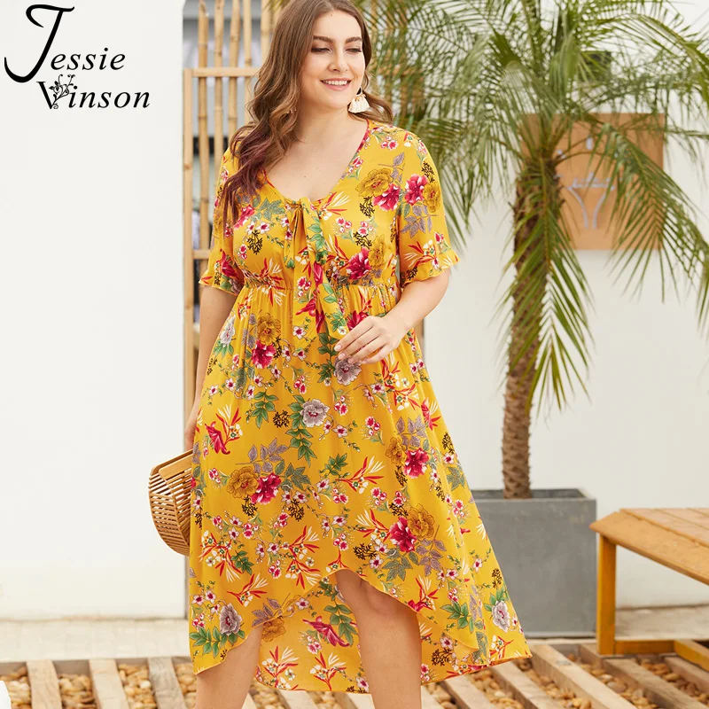 

Jessie Vinson Short Sleeve Boho Floral Print Asymmetrical Long Dress Plus Size Women Ruffles Beach Dress 3XL 4XL Summer Vocation