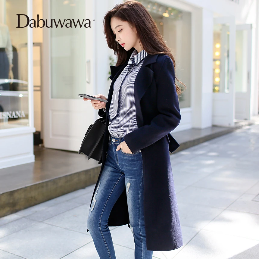 Dabuwawa Dark Blue Winter Warm Cashmere Wool Coat Women Slim Long Coat With Belt Manteau Femme 