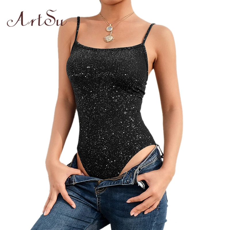 ArtSu Women Sexy Bodysuit Cross Backless Lace Up Black Bodycon Female Catsuit Shinning Material Body Romper New ASJU41078 ArtSu Women Sexy Bodysuit Cross Backless Lace Up Black Bodycon Female Catsuit Shinning Material Body Romper New ASJU41078