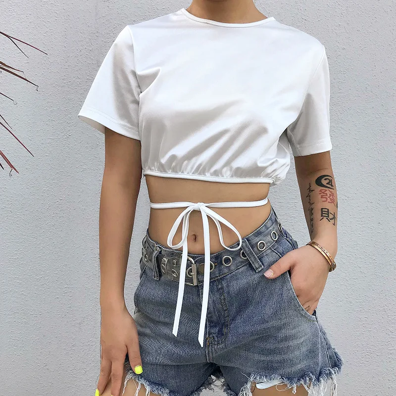 

White Satin Crop Short Sleeve Cropped Tie Up Top T Shirt Women Harajuku Casual Basic Top T Shirt 2019 Summer Streetwear Women's