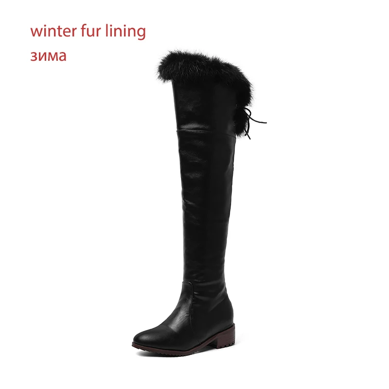 WETKISS/Сапоги на толстом каблуке Женские Сапоги выше колена женская обувь с искусственным мехом женская повседневная обувь с круглым носком зимняя обувь, большие размеры 34-48 - Цвет: black fur