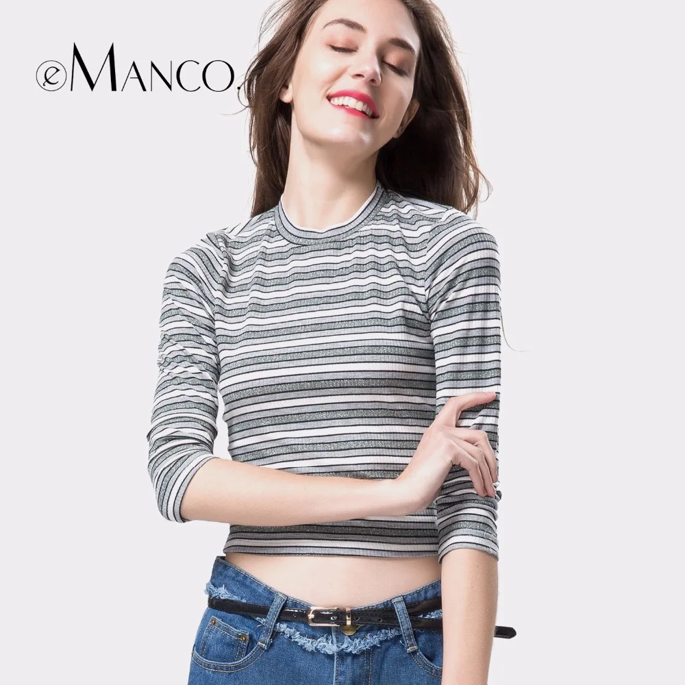 e-Manco new casual summer women stripes design Slim long-sleeved T-shirt Tops | Женская одежда