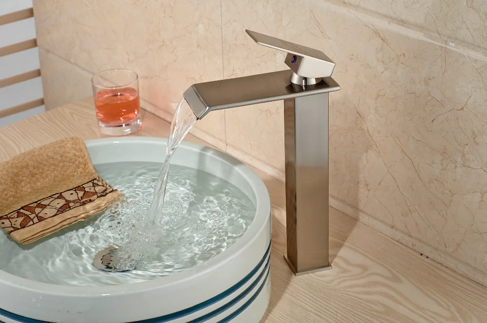 

Modern Nickel Brushed Waterfall Spout Bathroom Basin Faucet Single Handle Hole