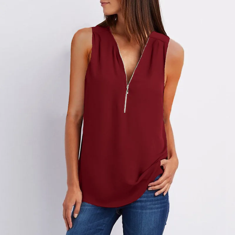 Plus Size S-5XL Chiffon Blouse Women Shirt Summer Sexy Sleeveless V Neck Zipper Blusas Casual Loose Tees Tank Tops Ladies Shirt womens shirts Blouses & Shirts