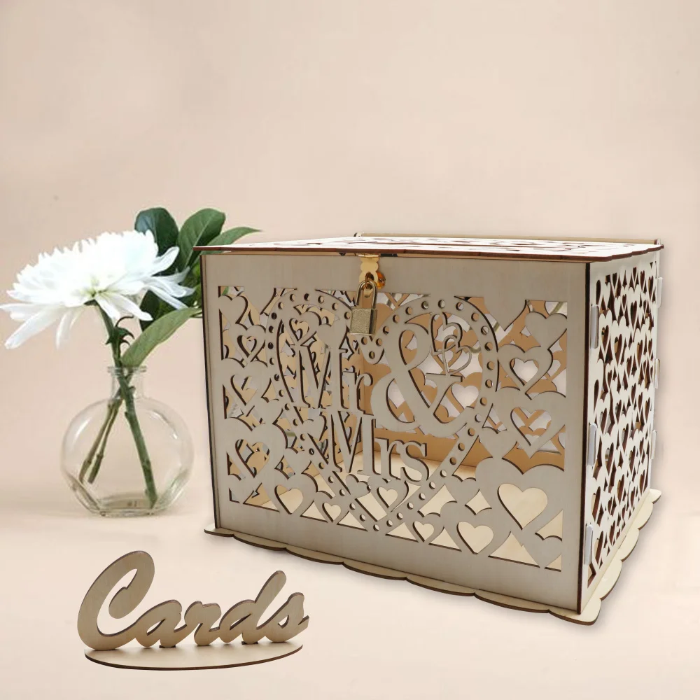 

OHEART Wedding Card Box With Lock and Card Sign Rustic Money Gift Check-in Table Decor Perfect Wedding Reception Supplies