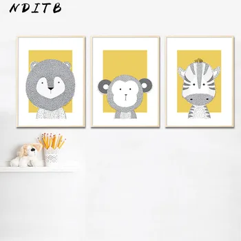 

Woodland Animal Lion Monkey Canvas Poster Baby Nursery Wall Art Print Yellow Cartoon Painting Nordic Kids Decoration Picture