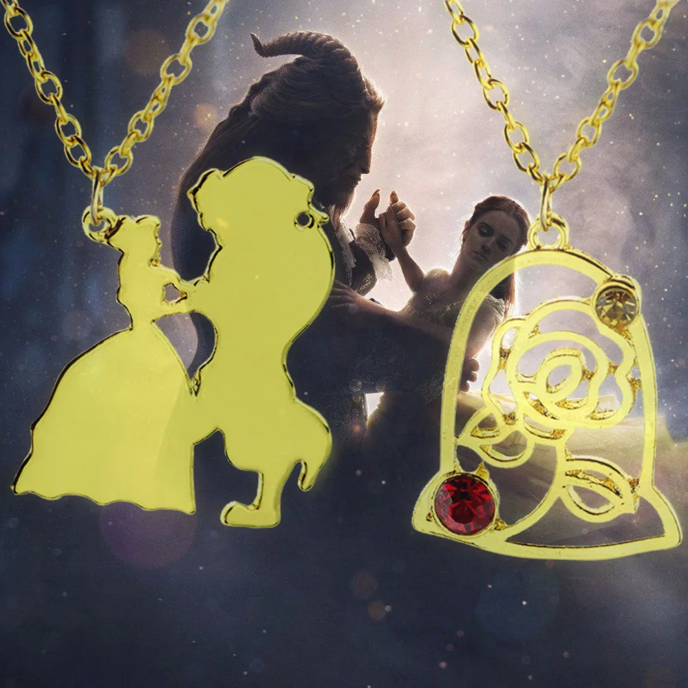 Movie Beauty and the Beast Necklace Gold Roses Flowers Pendant Fairy