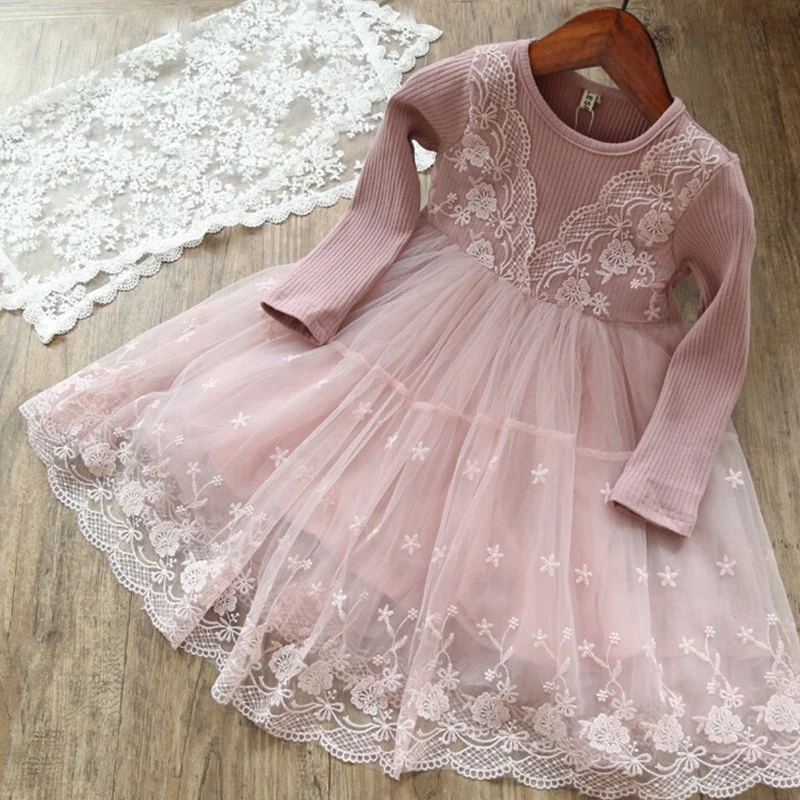 

2018 Spring Girl Dress New Lace Flower Princess Dress Winter Long Sleeve Three-Dimensional Petals Pompon Net Yarn Girls Clothes