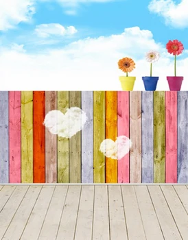 

Vinyl photography backdrops blue sky colordul wood wall floor newborn children photos background for photo studio