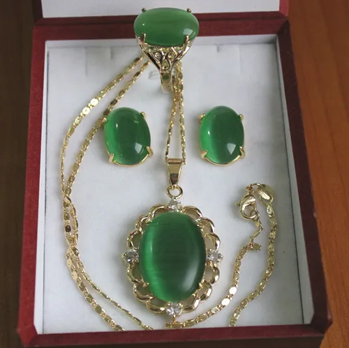 

2 choices Wholesale noble 13*18mm gold/silver plated green /white opal ring(#6,7,8,9) earrings &pendant fashion jewelry set003 5
