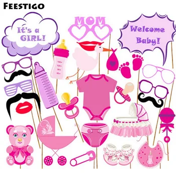

FEESTIGO 27PCS/Lot Girl Baby Shower Photo Booth Props in Pink Blue Baby Beanie, Dummies/Pacifiers, Bibs Baby Shower Decorations