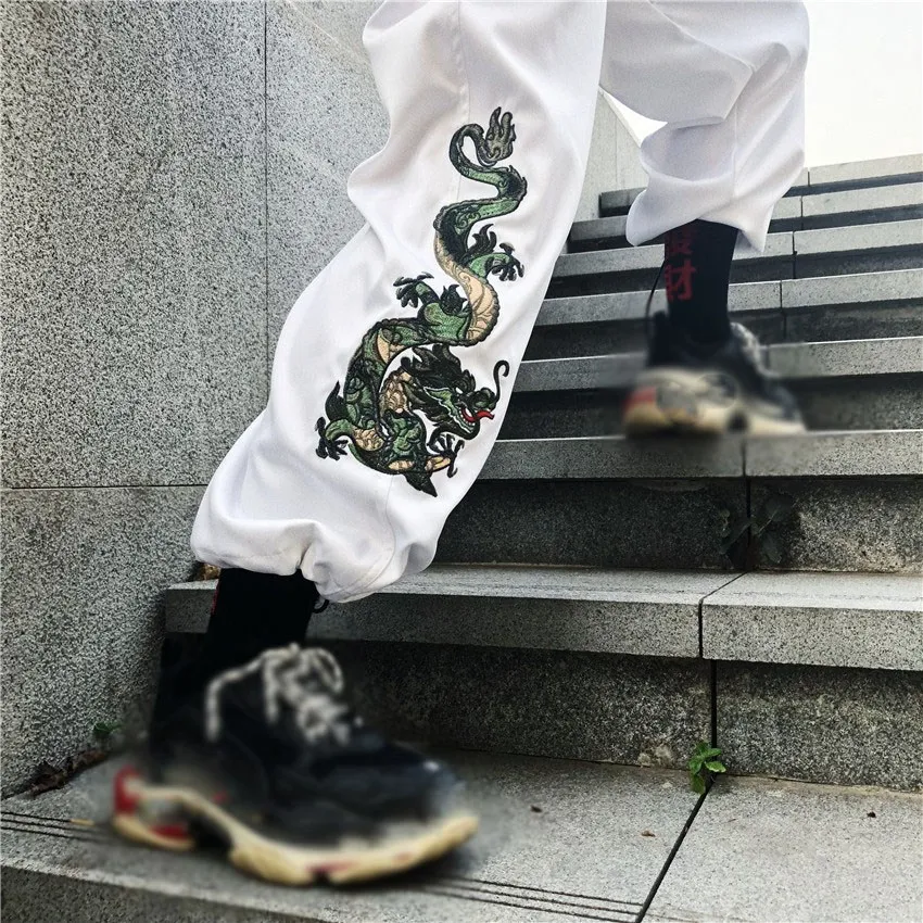 2019 Vintage Solid Color Elastic Waist Wide Leg Pants Chinese Style Dragon Embroidery Trousers Women Cool Trousers 2019 Vintage Solid Color Elastic Waist Wide Leg Pants Chinese Style Dragon Embroidery Trousers Women Cool Trousers