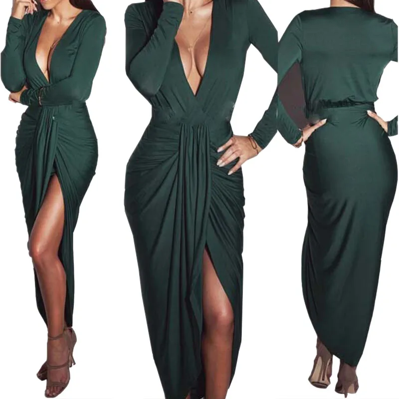 SEBOWEL Sexy Club Long Sleeve Deep V Neck Womens Dresses Front Draped High Split Long Party Maxi Dress Robe Vintage (3)