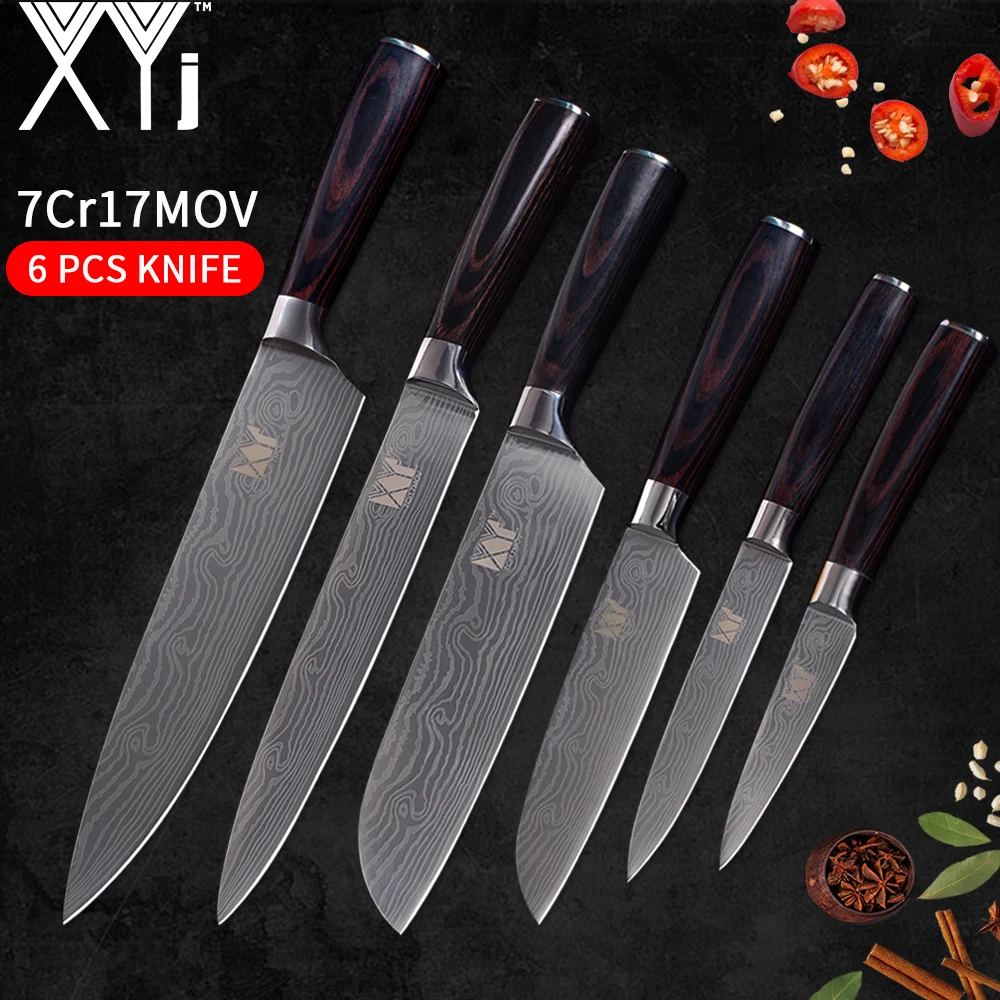 

XYj Kitchen Knife Set Fruit Utility Santoku Chef Slicing Knife 7Cr17 Stainless Steel Blade Damascus Veins Pattern Cooking Knife