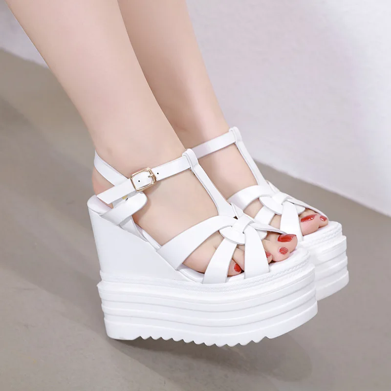 

Beige Heeled Sandals Muffins shoe 2019 Women's All-Match High Heels Cross Espadrilles Platform Ladies Shoes Summer Clogs Wedge