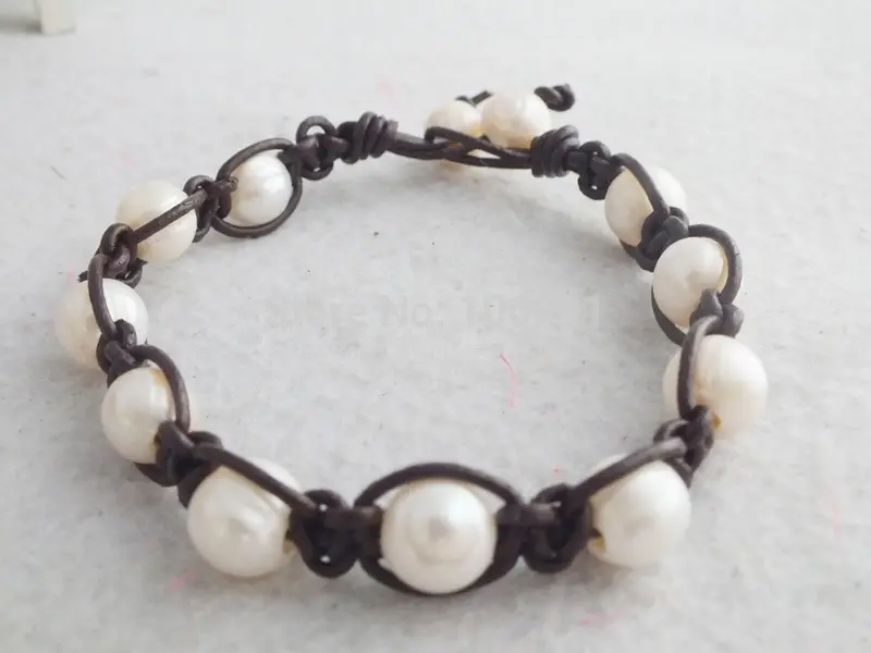 fashion jewelry - 15piece Dark brown 9-10mm freshwater pearl beads  brown leather cord knoted braceletA-2176