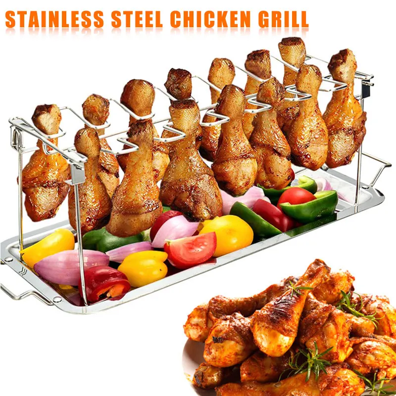

Newly Stainless Steel Chicken Wing Leg Rack Grill Holder with Drip Pan for Cooking BBQ