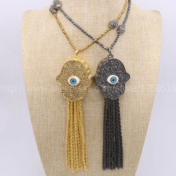 

Hand with Shell demon eyes Tassel necklace gold/black gun big tassel 28" natural hematite druzy necklace jewelry for women 846