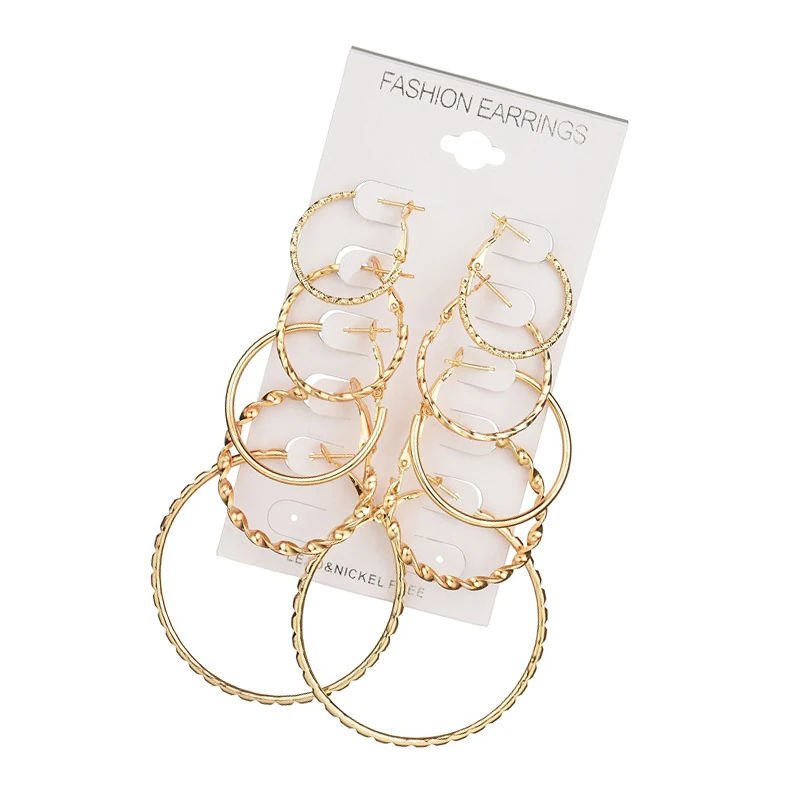 

2019 Oversize Gold Color Big Circle Hoop Earrings Set for Women Vintage Punk Ear Wedding Party Jewelry Gift 5 Pair/lot